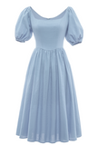 Vestido de verão azul de pescoço quadrado de estilo retro quadrado
