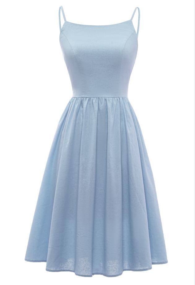 Spaghetti Tiras vestido de verão azul com bowknot