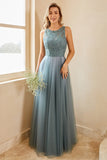 Vestido de dama de honra de tulle azul cinza com renda