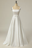 Simples um vestido de noiva branco de pescoço quadrado quadrado branco longo