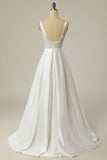 Simples um vestido de noiva branco de pescoço quadrado quadrado branco longo