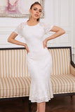 Vestido de festa de renda branca de joia de sheath