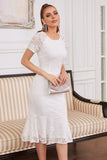 Vestido de festa de renda branca de joia de sheath
