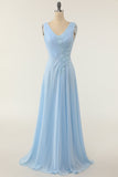 Vestido de dama de honra azul de pescoço em V com ruffle