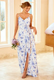 Spaghetti Tiras Azul Floral Imprimir Vestido de Dama de Honra