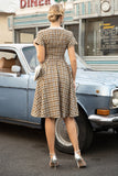 Khaki Green Grid Mangas Curtas Vintage 1950s Vestido