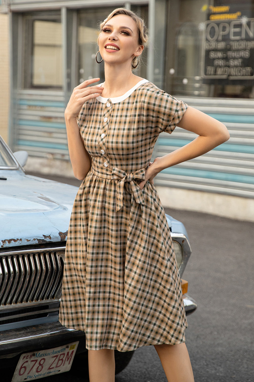 Khaki Green Grid Mangas Curtas Vintage 1950s Vestido