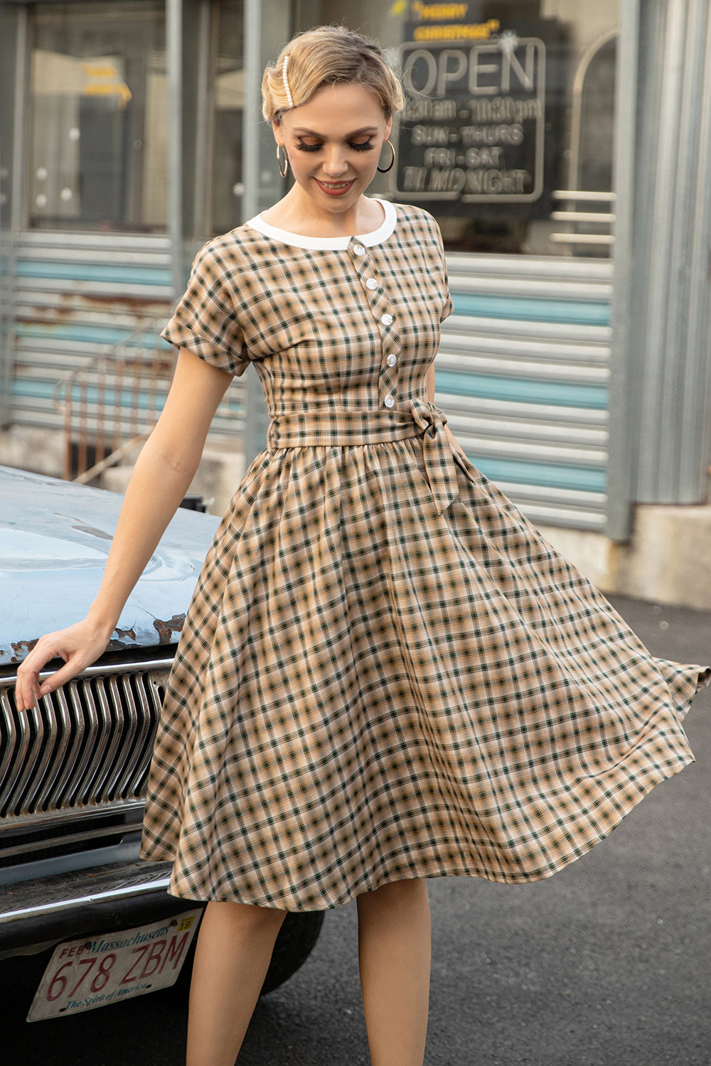 Khaki Green Grid Mangas Curtas Vintage 1950s Vestido