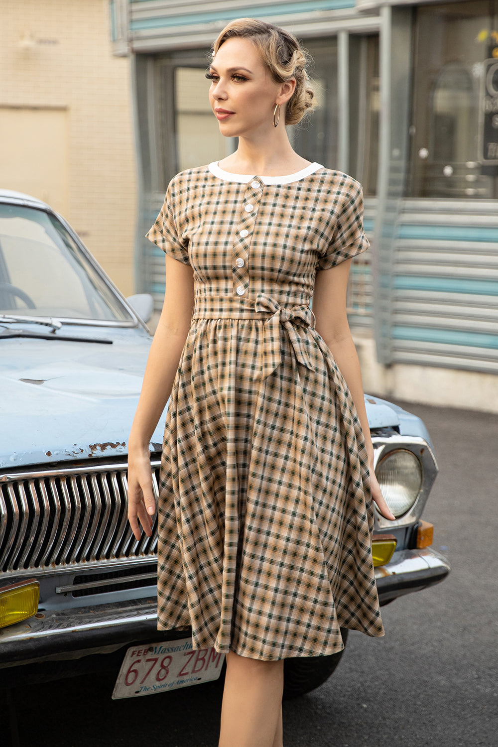 Khaki Green Grid Mangas Curtas Vintage 1950s Vestido
