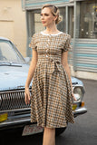 Khaki Green Grid Mangas Curtas Vintage 1950s Vestido