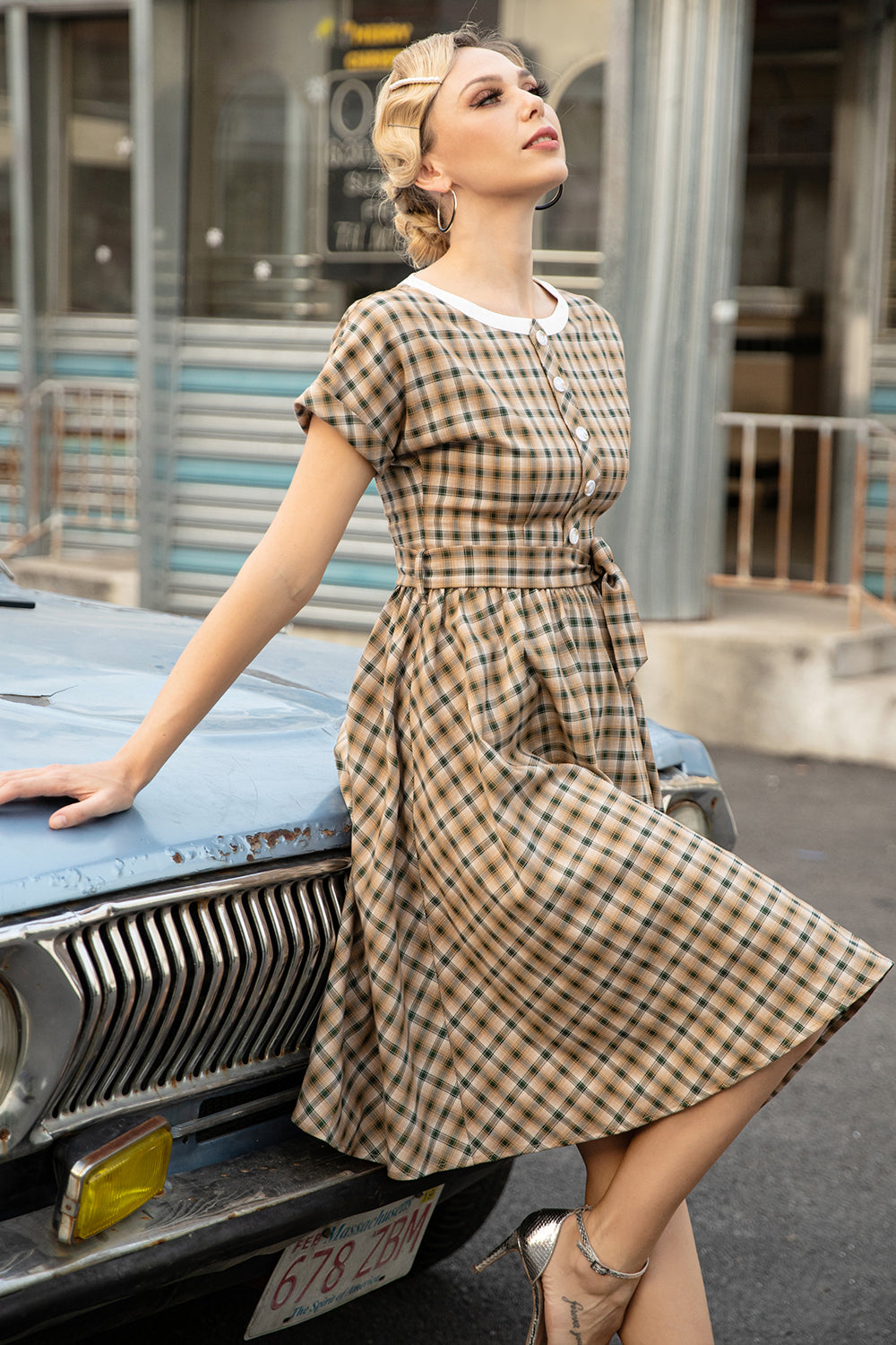 Khaki Green Grid Mangas Curtas Vintage 1950s Vestido