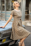 Khaki Green Grid Mangas Curtas Vintage 1950s Vestido
