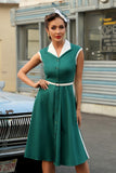 Vestido de balanço de lapel verde de 1950 com cinto