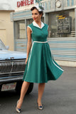 Vestido de balanço de lapel verde de 1950 com cinto