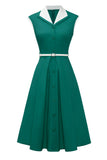Lapel Neck Green Swing 1950s Vestido com cinto