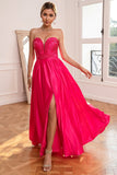 Fuchsia Strapless Vestido de baile com fenda