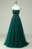 A Line Cintas de Espaguete Verde Escuro Vestido Cerimónia