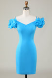 Fora do Ombro Azul Vestido Curto de Cocktail com Folhos