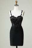 Bainha Espaguete Correias Preto Vestido Curto Homecoming com Appiques