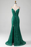 Brilhante verde escuro frisado Sequins longo vestido de baile com fenda