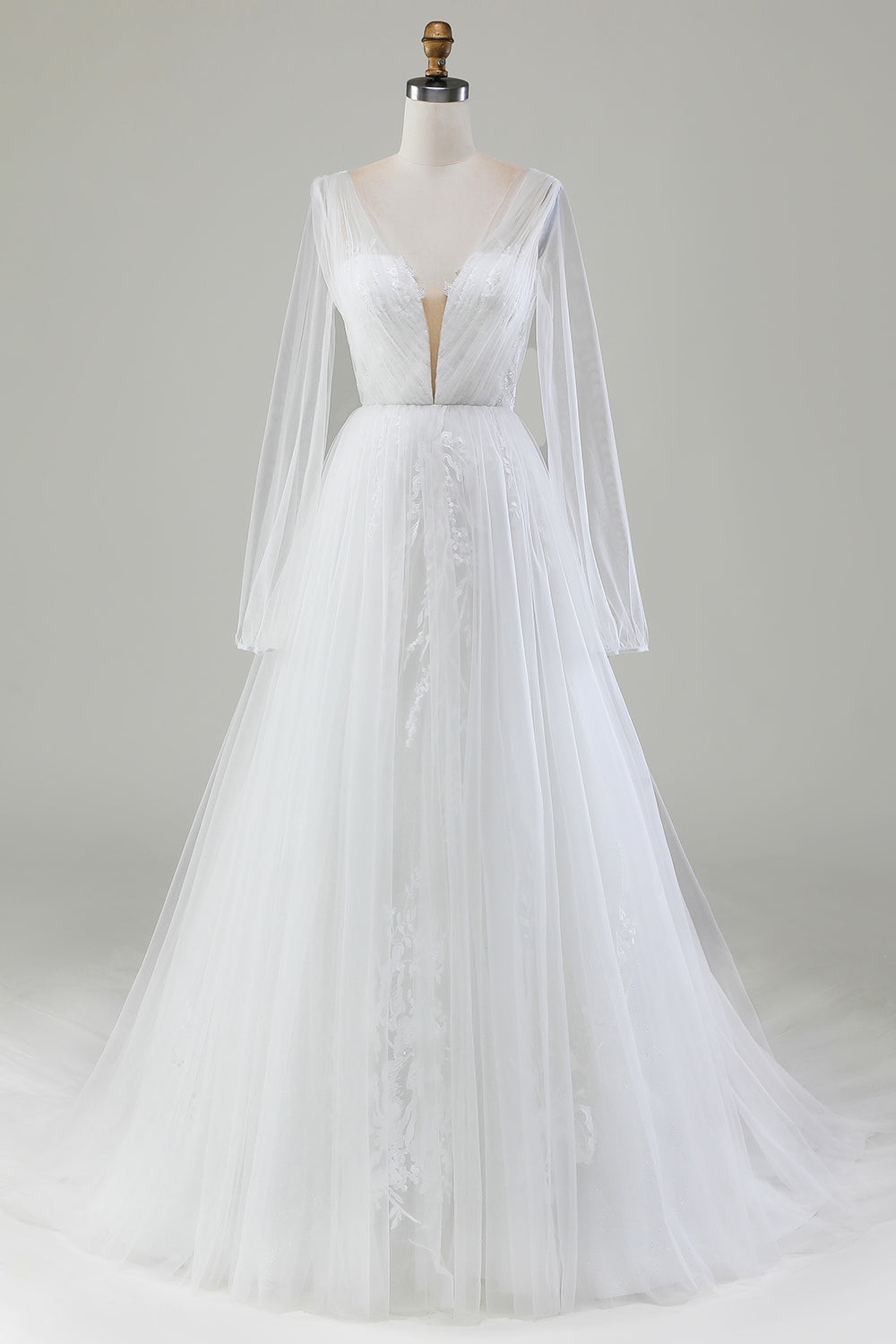 Marfim A-Line V-Neck plissado vestido de noiva tule com mangas compridas