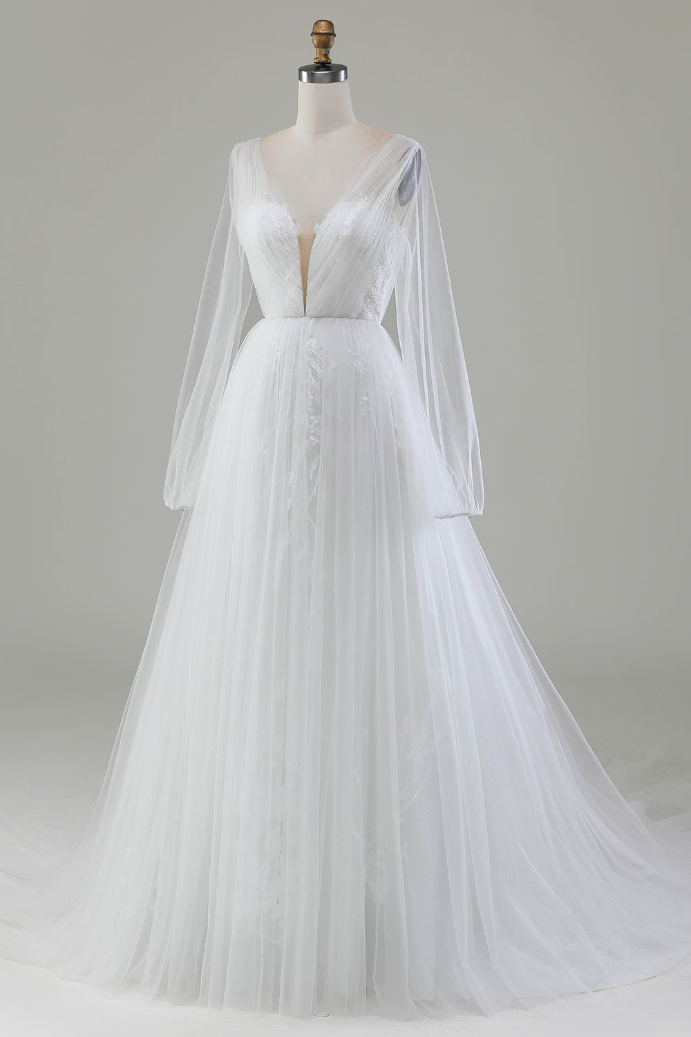 Marfim A-Line V-Neck plissado vestido de noiva tule com mangas compridas