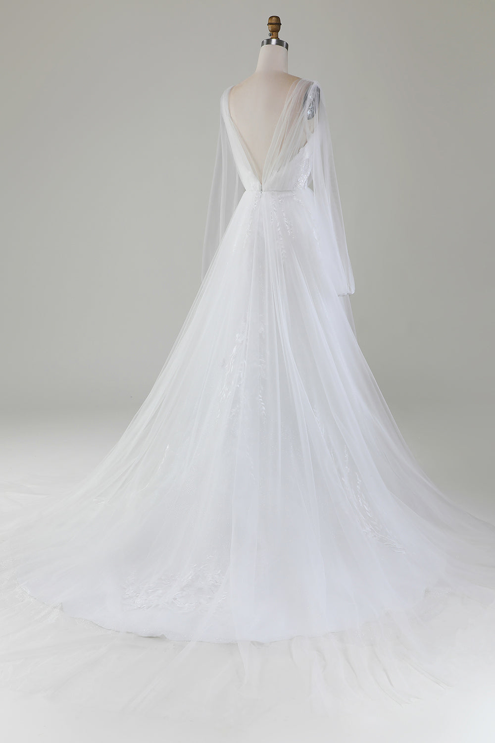 Marfim A-Line V-Neck plissado vestido de noiva tule com mangas compridas