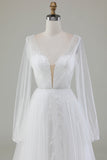 Marfim A-Line V-Neck plissado vestido de noiva tule com mangas compridas