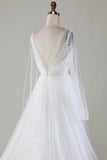 Marfim A-Line V-Neck plissado vestido de noiva tule com mangas compridas