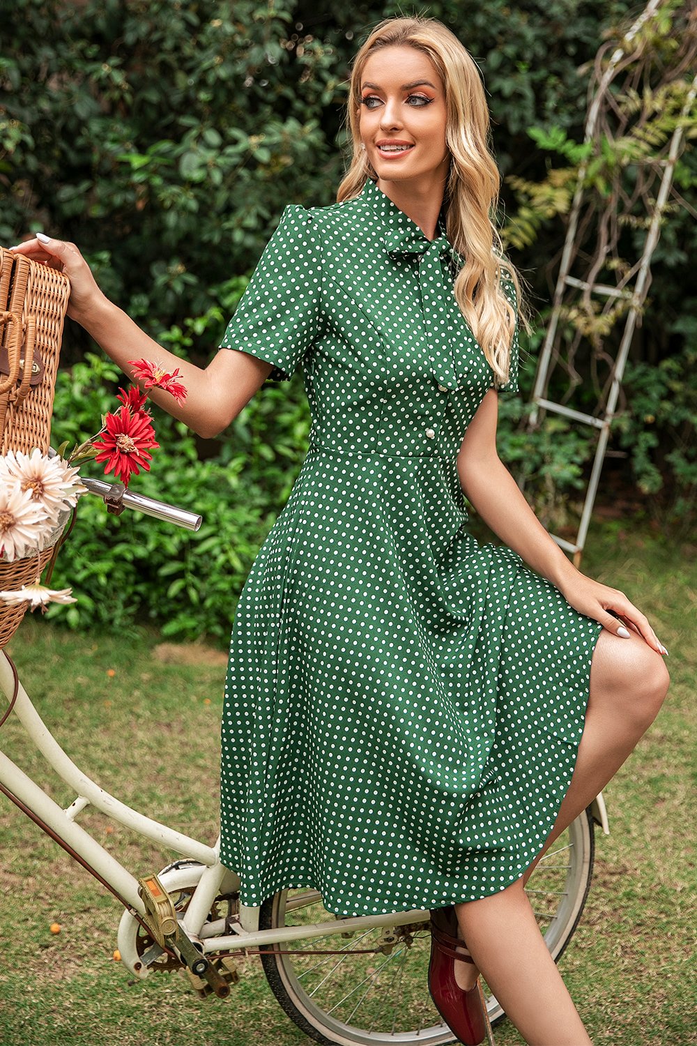 Vestido de verão vintage polka dots verdes