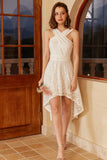 Vestido de festa branco alto baixo com renda sem mangas