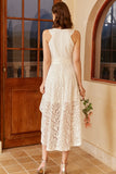 Vestido de festa branco alto baixo com renda sem mangas