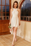 Vestido de festa branco alto baixo com renda sem mangas