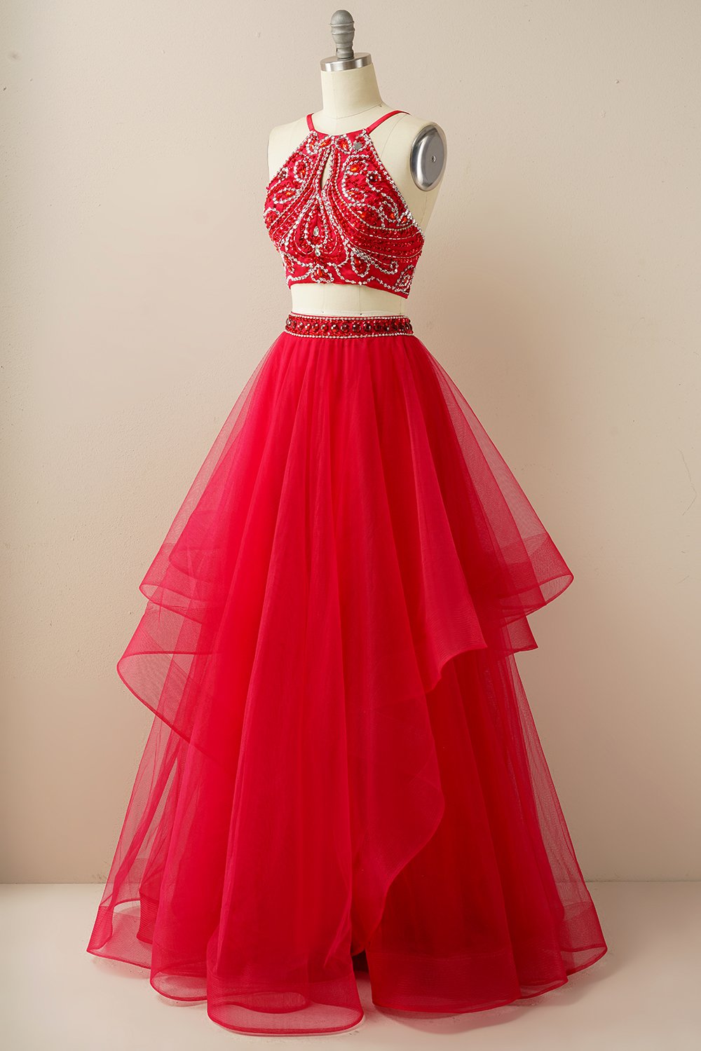 Duas peças Halter Beaded Vestido de baile