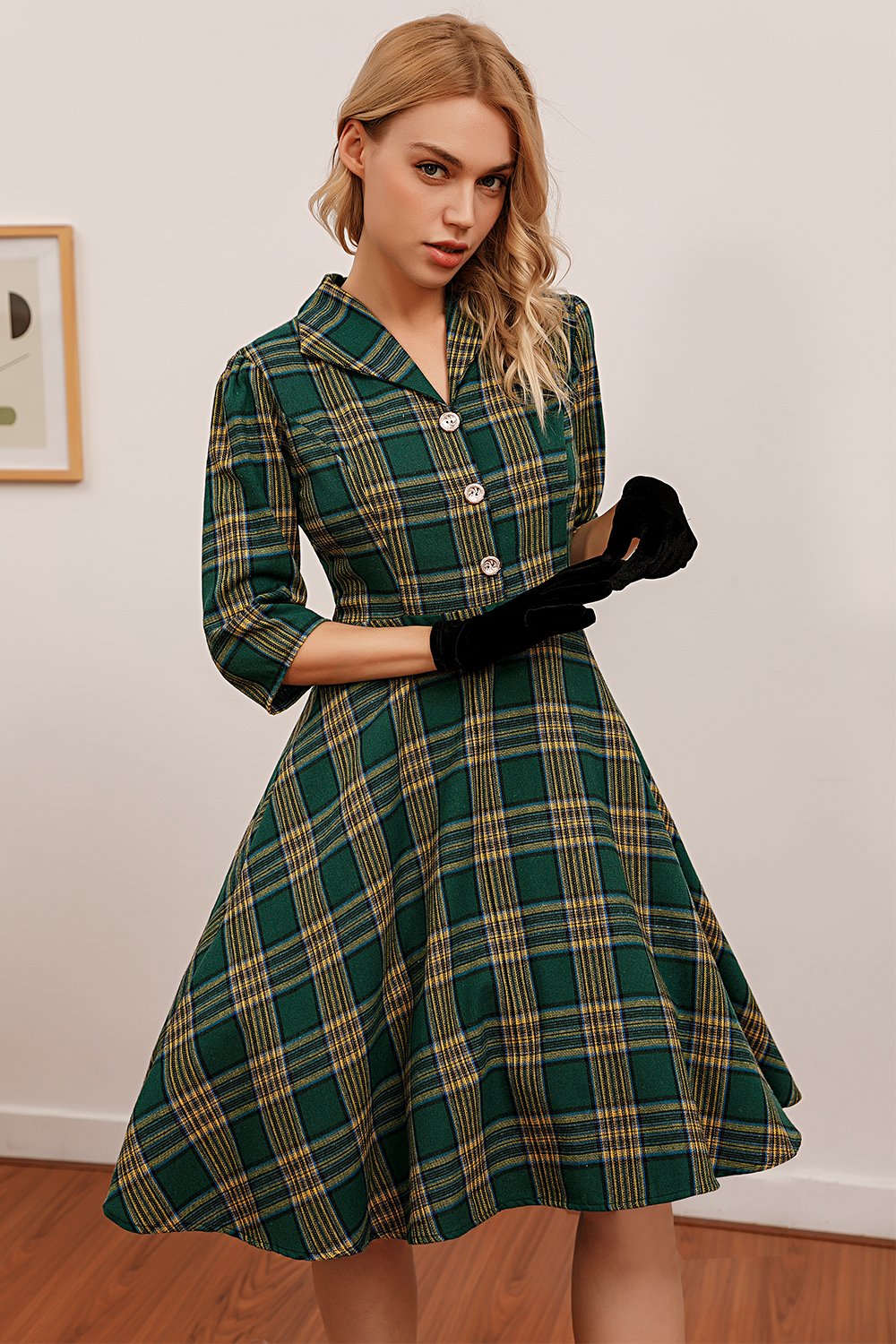 Vestido verde xadrez 3/4 manga
