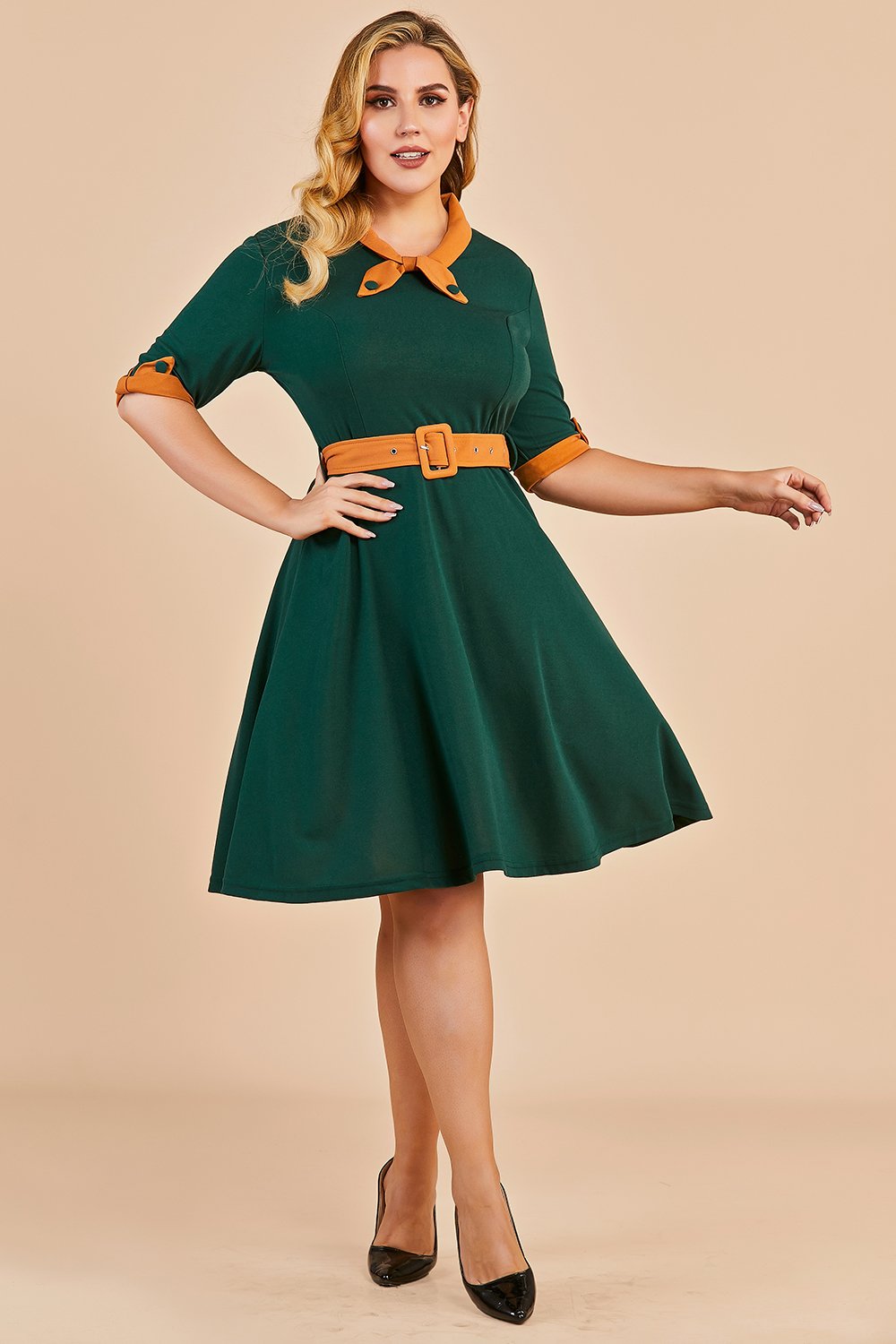Vestido verde v pescoço swing festa