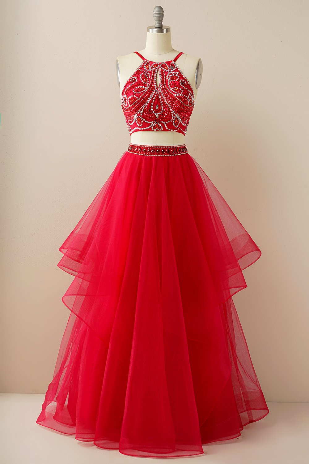 Duas peças Halter Beaded Vestido de baile