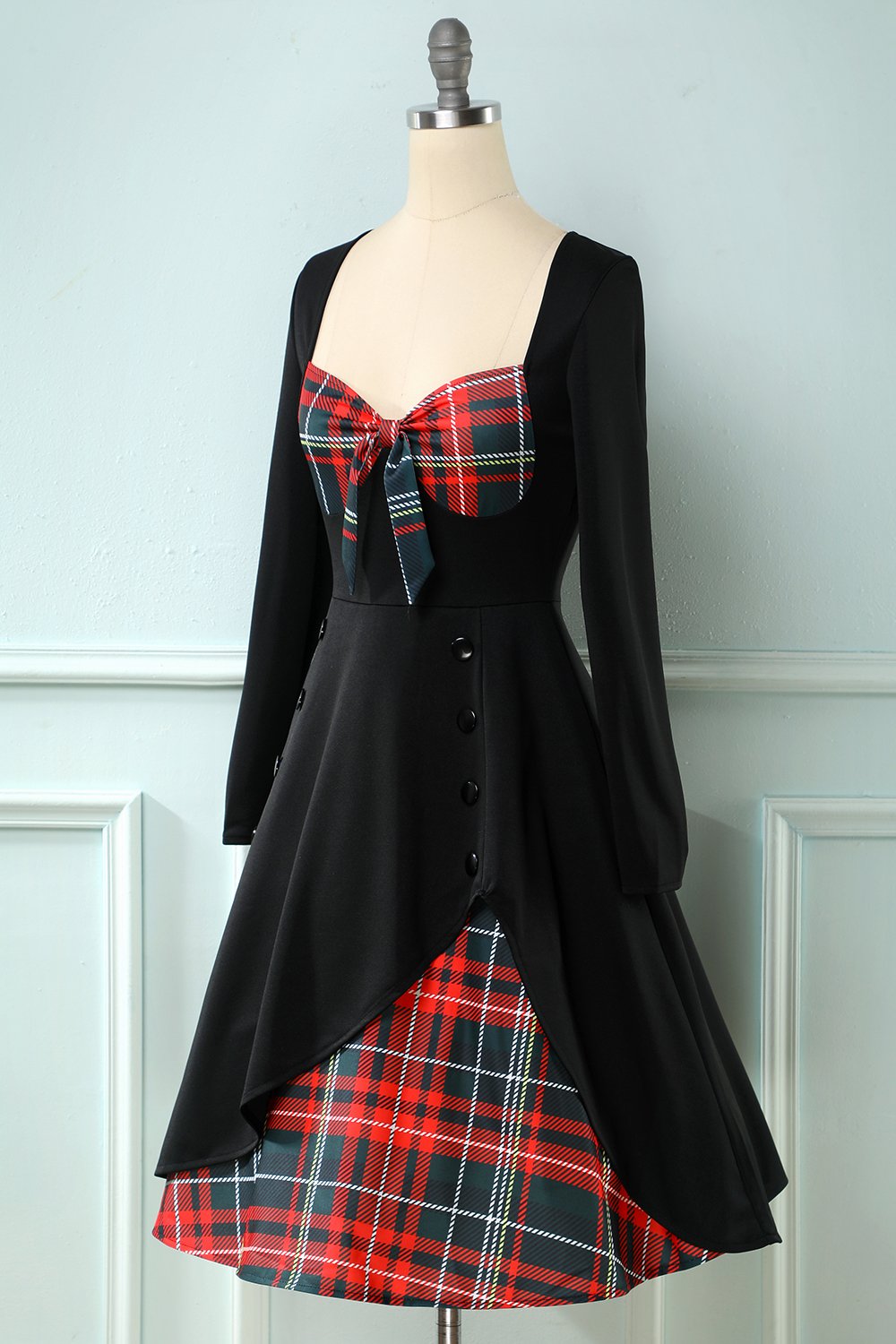 Vestido xadrez de 1950 com mangas compridas