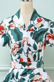 Retro V folha de pescoço impresso vestido vintage