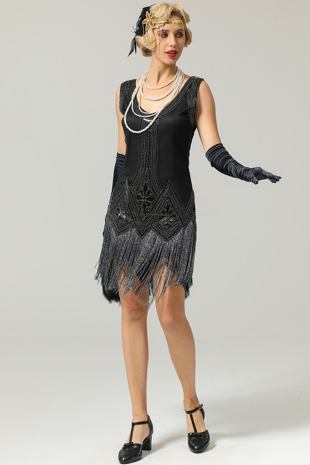 Preto vestido de flapper de lantejoulas dos anos 1920