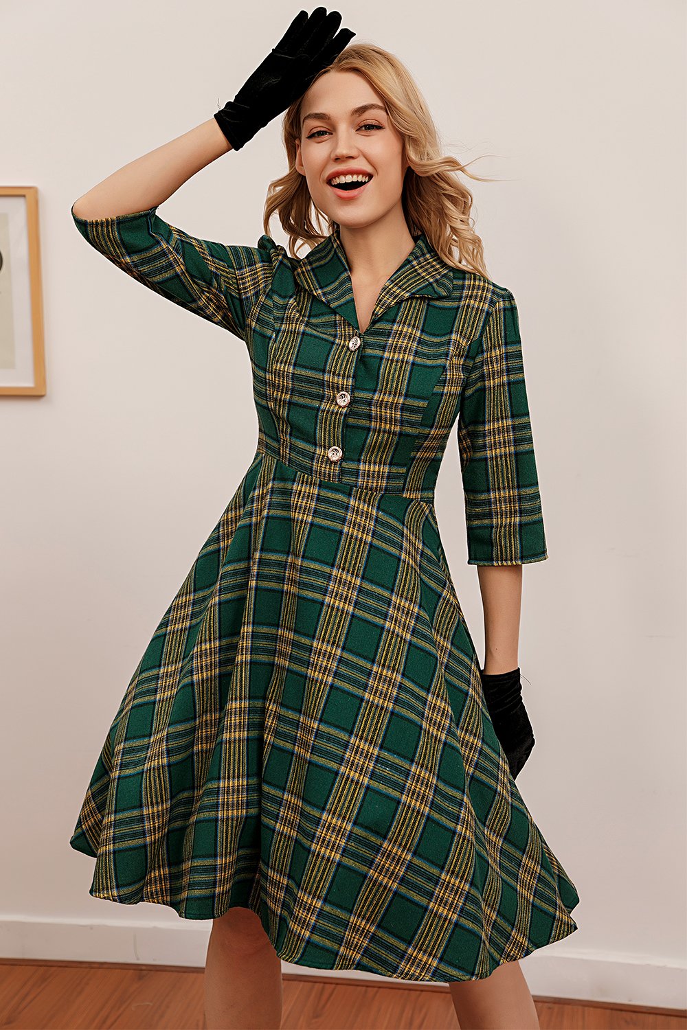 Vestido verde xadrez 3/4 manga