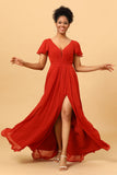 Vestido de Dama de Honra Pescoço V Mangas Curtas