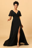 Preto Mangas de Batwing Vestido de Dama de Honra