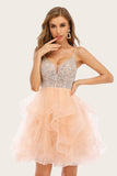 Vestido de homecoming curto de contas rosa