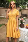 Elegante vestido vintage amarelo v pescoço