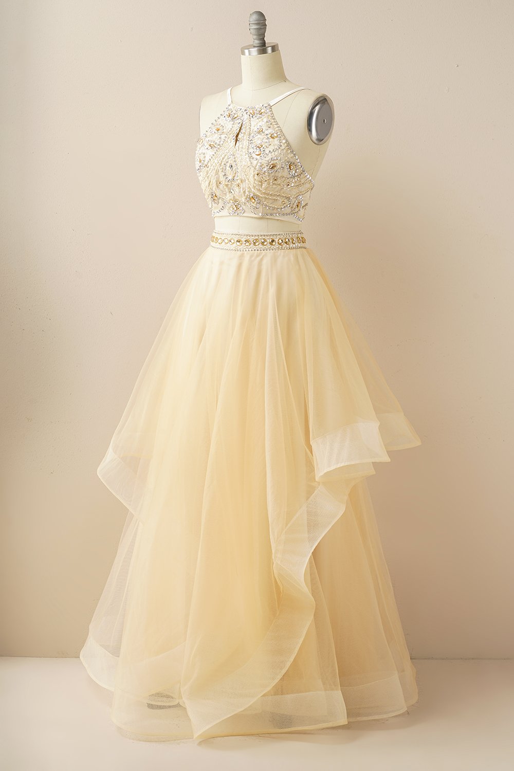 Duas peças Halter Beaded Vestido de baile