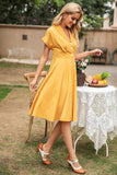 Elegante vestido vintage amarelo v pescoço