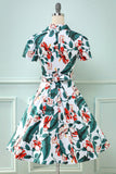 Retro V folha de pescoço impresso vestido vintage