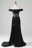 Preto fora do ombro cetim espartilho sereia vestido de baile com fenda