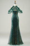 Brilhante verde escuro lantejoulas sereia longo vestido de baile